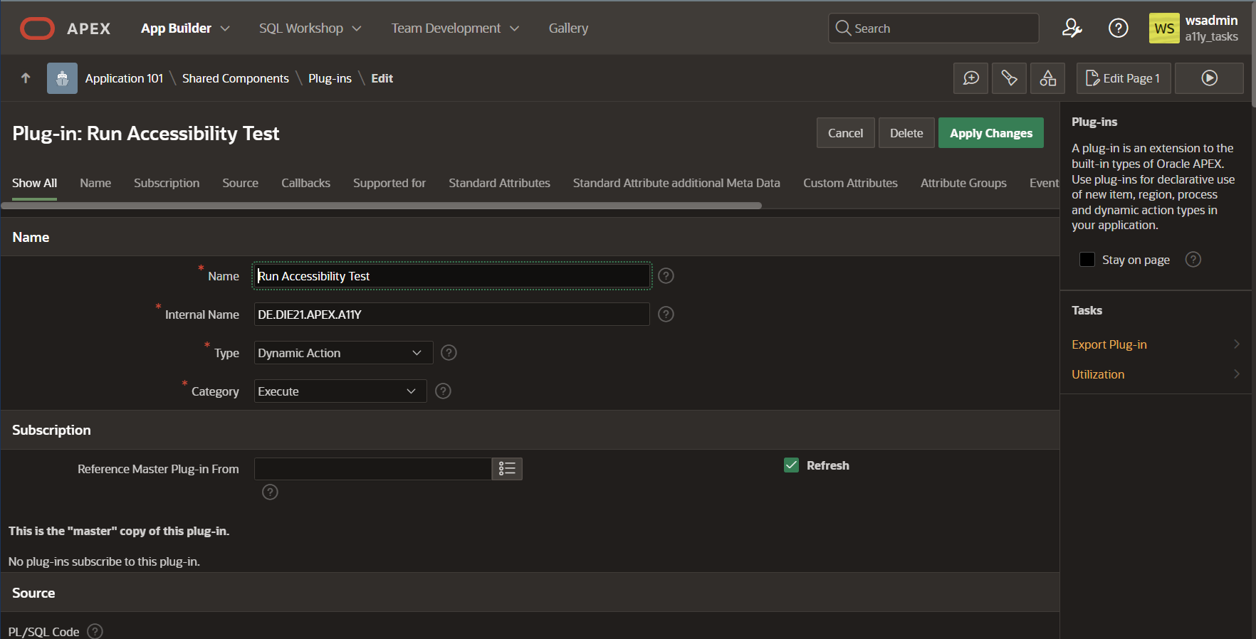 Screenshot showing the plugin editor inside APEX