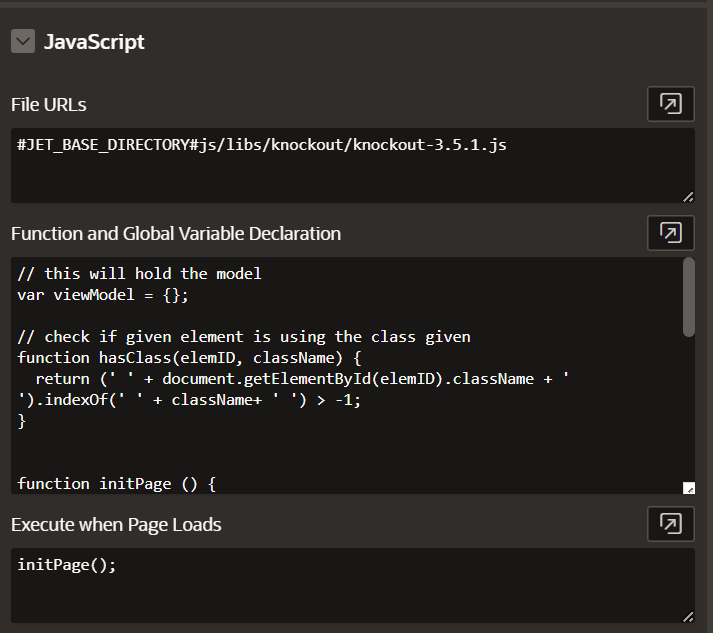 Screenshot of page properties showing JavaScript